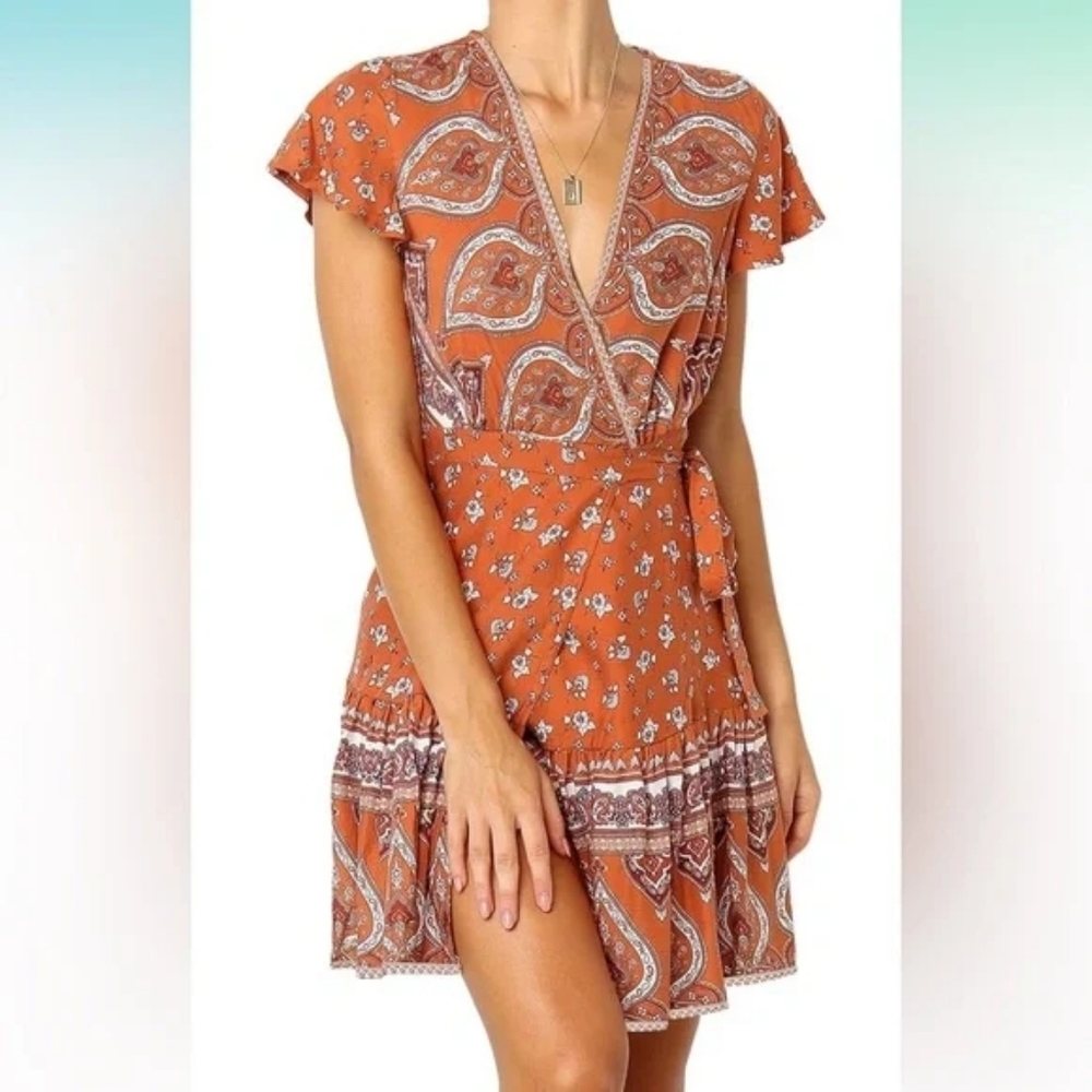 Zesica Rust Border Floral Wrap Dress